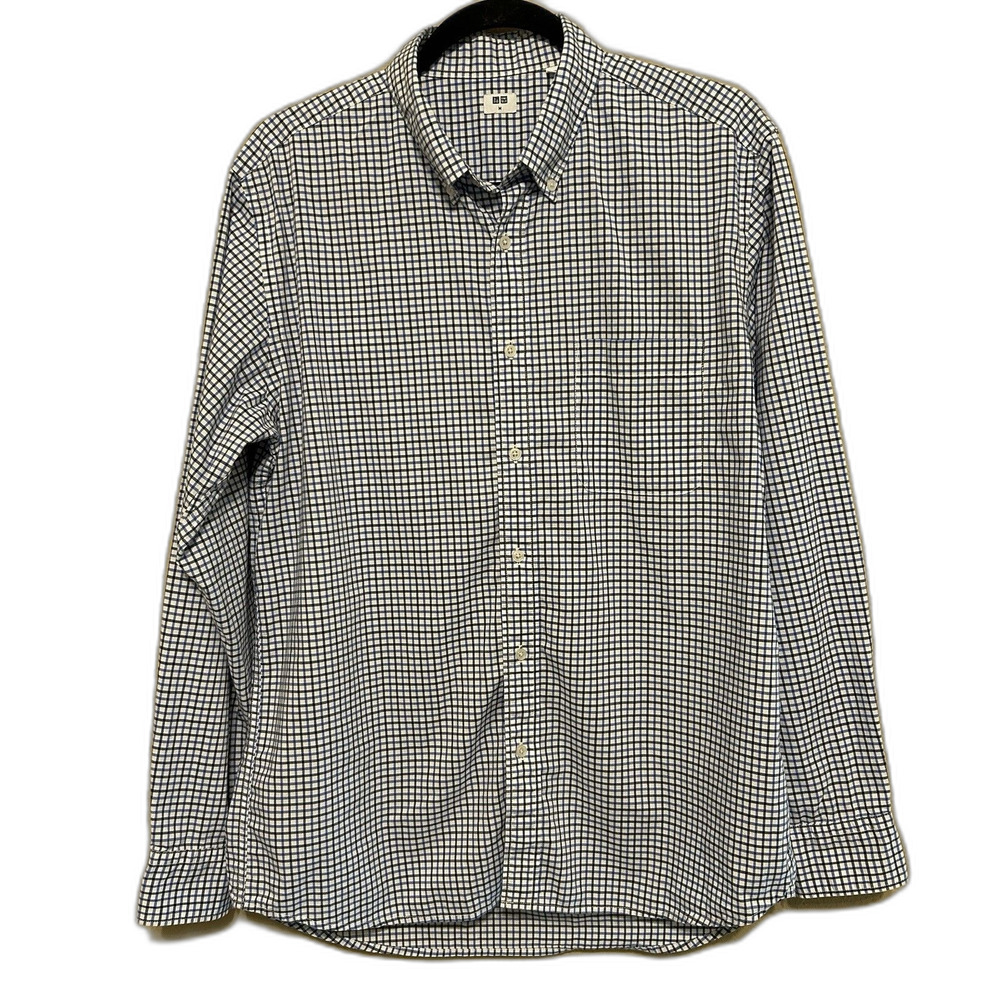 Uniqlo Button Down Shirt Mens Medium Blue Black Windowpane Plaid 100% Cotton